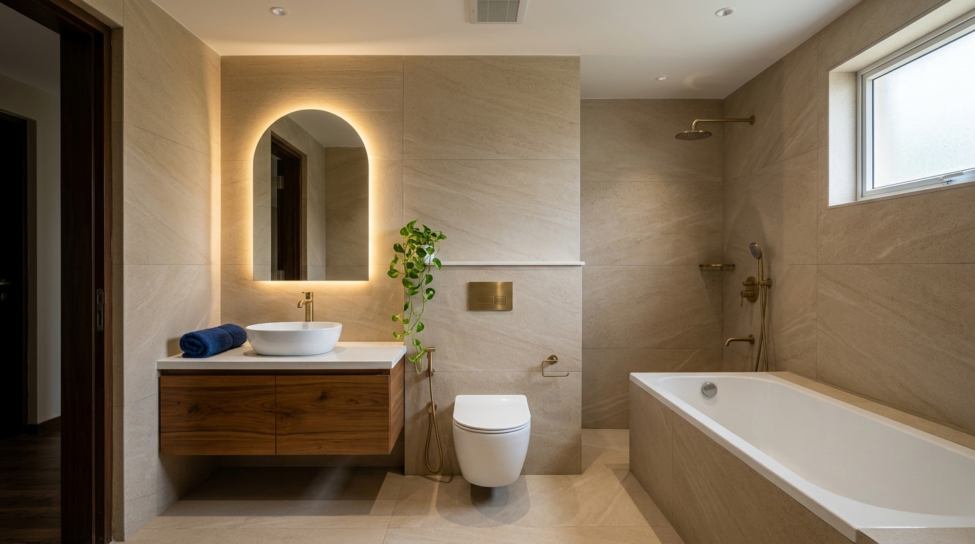 Modern bathroom with floating teak vanity