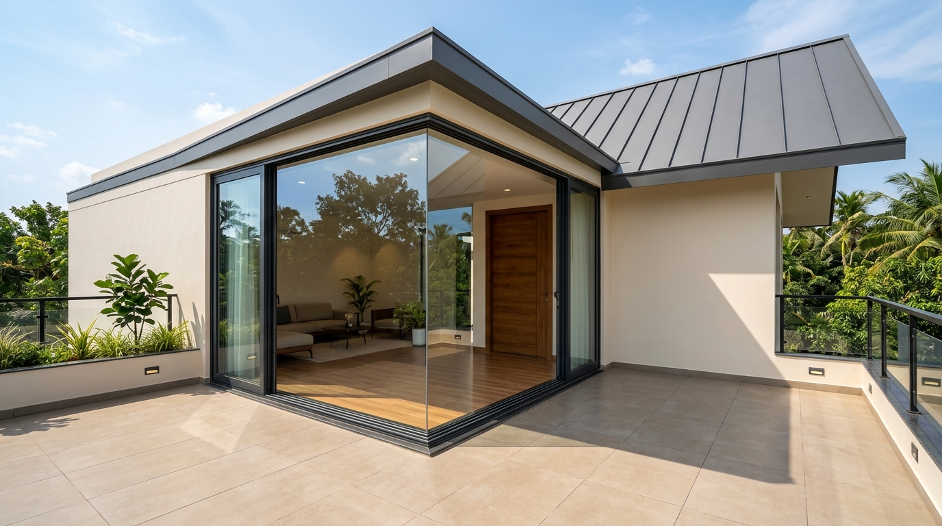 First floor corner glass with sloped roof