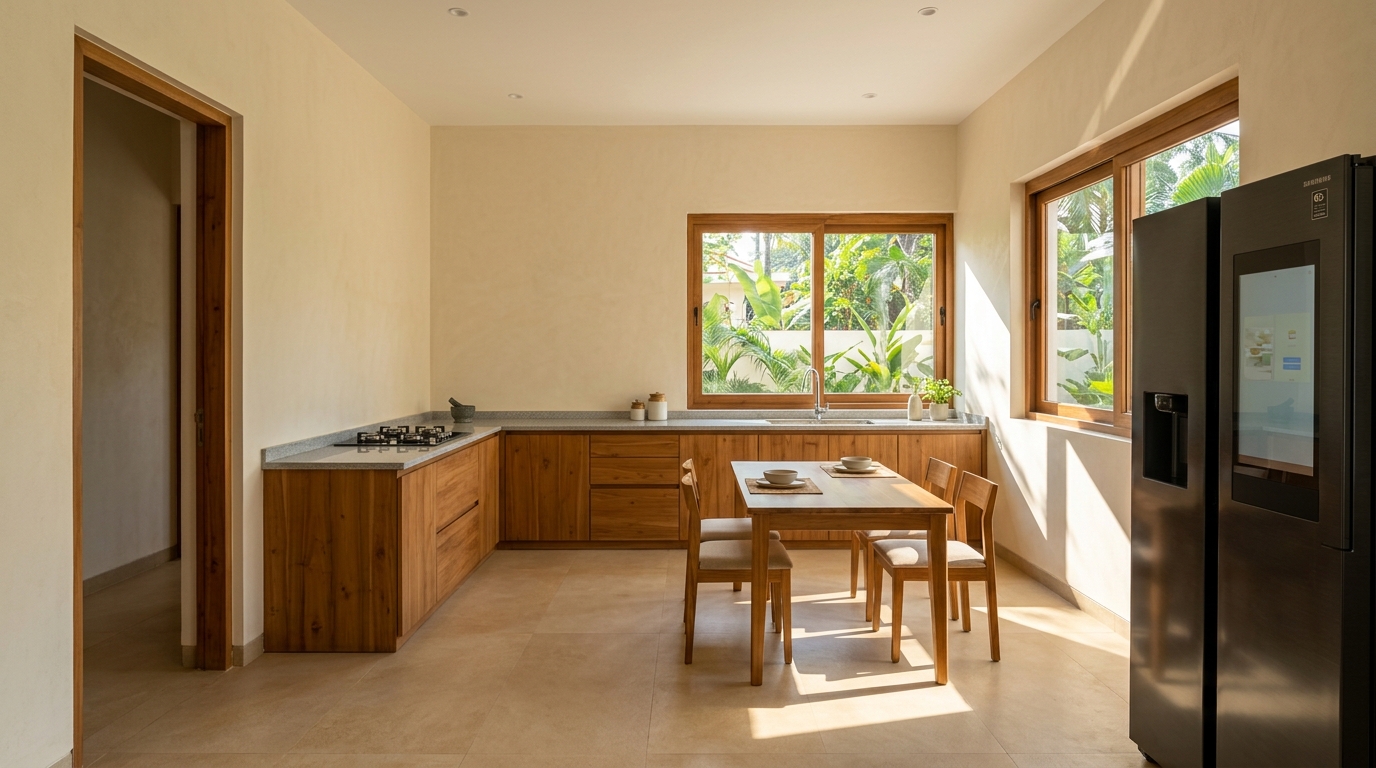 Kitchen with teak cabinetry and garden view