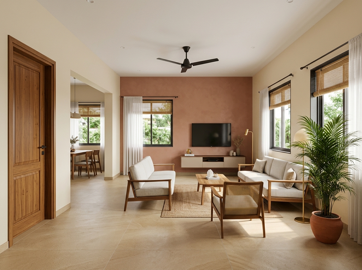 Living room with terracotta accent wall