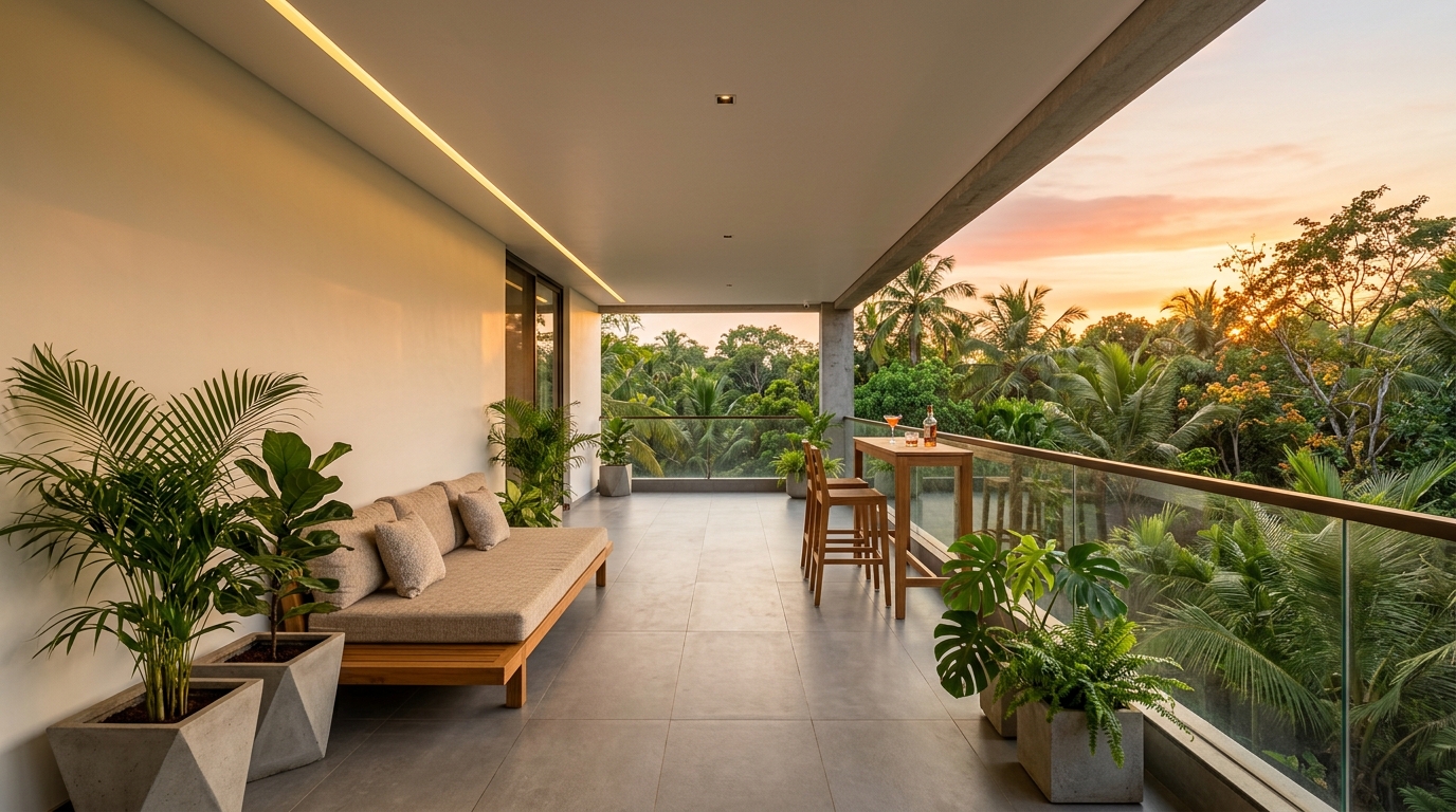 First floor terrace overlooking palm canopy