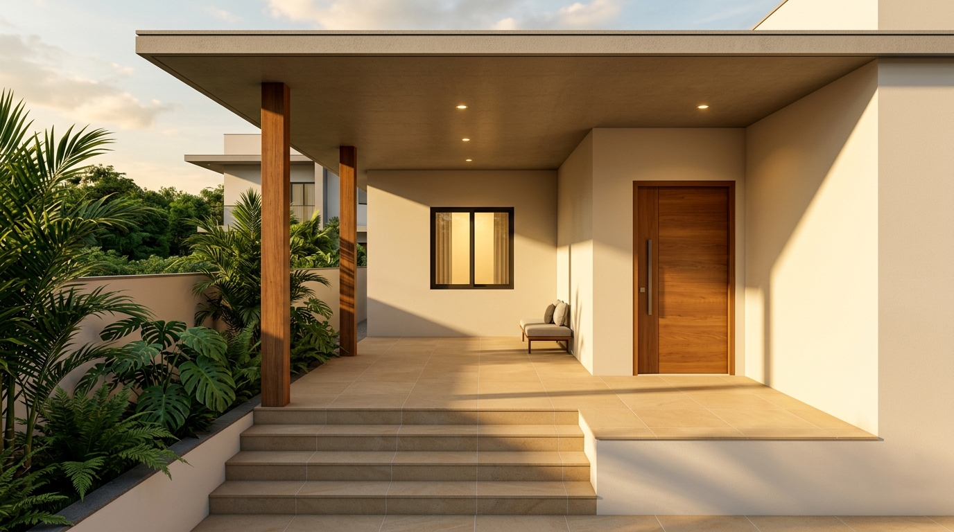 Teakwood verandah with tropical landscaping